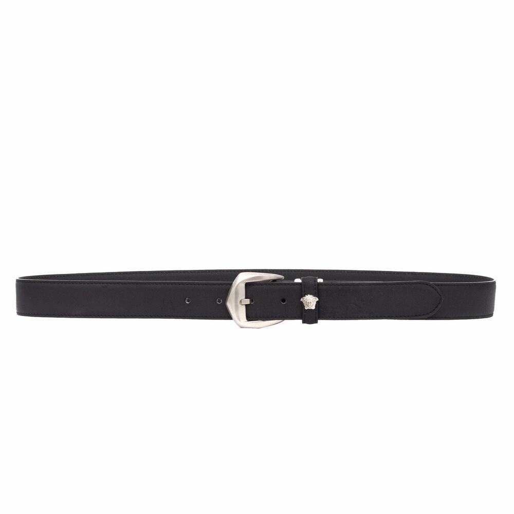 Vintage GIANNI VERSACE Men’s Black Leather Medusa Silver Buckle Belt 90 / 36